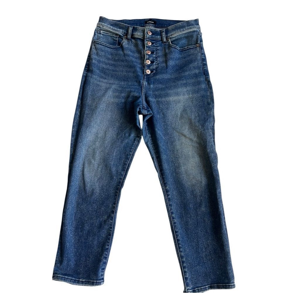 Express Mom Blue Super High Waist Ankle Cropped Distressed Button Fly Jeans 12